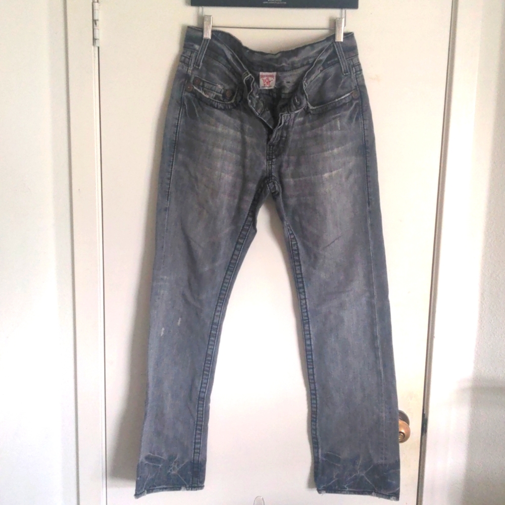 True Religion Men's Jeans Logan Big T 32×33 distressed stone wash black